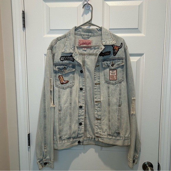 Vintage Wash Denim Jacket with Western Patches - Picture 1 of 3